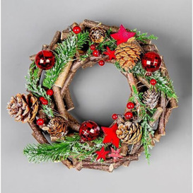 22cm Prelit Wreath Battery Operated - Wooden Twigs Base Decorated with Red Baubles,Berries,Stars,Foliage,Pine Cones, Micro Rice LED Lights - Christmas Home Hanging Decoration