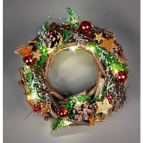 SHATCHI Prelit Battery Operated Christmas Home Hanging Wooden Twigs Base Decorated with Red Baubles,Berries, Foliage,Pine Cones, Micro Rice LED Lights, Wood, Bronz Stars, Wreath-22cm