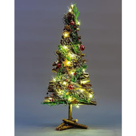 SHATCHI Prelit Battery Operated Christmas Home Hanging Wooden Twigs Base Decorated with Red Baubles,Berries, Foliage,Pine Cones, Micro Rice LED Lights, Wood, Bronz Stars, Tree-50cm