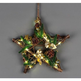 SHATCHI Prelit Battery Operated Christmas Home Hanging Wooden Twigs Base Decorated with Golden Baubles,Berries,Leaves,Stars,Foliage,Pine Cones, Micro Rice LED Lights, Wood, Brown, Star-35cm