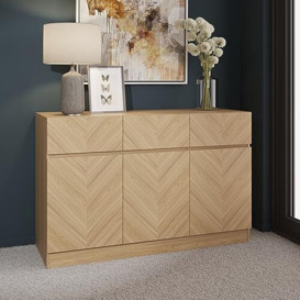 GFW Catania Narrow Large Sideboard Cabinet Unit Drawers & 3 Storage Cupboards, Furniture for Living, Dining Room, Hallway & Office, Euro Oak, D39.8 x H76 x W118.8cm