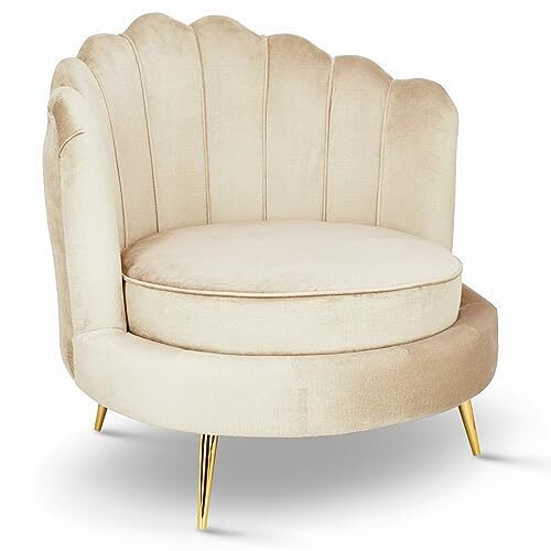postergaleria Velvet chair with backrest Scallop Shell - beige chair with golden metal legs, with deep seat, in velour fabric, 97 x 96 x 76 cm - Tub Chair for living room, bedroom, vanity chair
