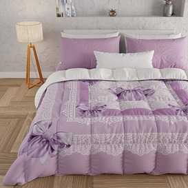 PETTI Artigiani Italiani - Quilt, Winter Duvet, Winter Quilt, Single Double Sided Quilt, Solid Colour and Digital Print Lilac Bow, 100% Hypoallergenic Microfibre, Made in Italy