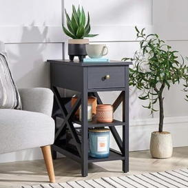 Home Source Heston Side Lamp Table Charcoal Bedside Cabinet with Storage Drawer Shelves Living Room Bedroom Furniture Unit, Engineered Wood, Dark Grey, Compact
