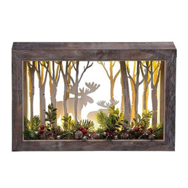 SHATCHI Wooden Christmas Reindeer Scene Tabletop Centrepiece Frame-Battery Operated with Micro Rice LEDs and Festive Room Wall Table Home Xmas Decorative Gift, Wood, Rectangle 45x29cm