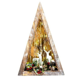 SHATCHI Wooden Christmas Reindeer Scene Tabletop Centrepiece Frame-Battery Operated with Micro Rice LEDs and Festive Room Wall Table Home Xmas Decorative Gift, Wood, Triangle 57cm