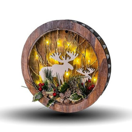 SHATCHI Wooden Christmas Reindeer Scene Tabletop Centrepiece Frame-Battery Operated with Micro Rice LEDs and Festive Room Wall Table Home Xmas Decorative Gift, Wood, Wreath 30cm