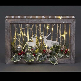 SHATCHI Wooden Christmas Reindeer Scene Tabletop Centrepiece Frame-Battery Operated with Micro Rice LEDs and Festive Room Wall Table Home Xmas Decorative Gift, Wood, Rectangle 38x25cm