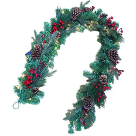 Prelit Battery Operated Christmas Garland 2M Decorated with Red Berries, Pine Cones, Mixes Pine Tips - Fireplace Door Room Wall Home Hanging Xmas Decorations