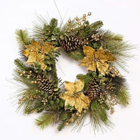 60cm Christmas Wreath Decorated with Gold Berries, Poinsettia, Eucalyptus Leaves, Pine Cones, Grapevine - Front Door Room Wall Home Hanging Xmas Decorations
