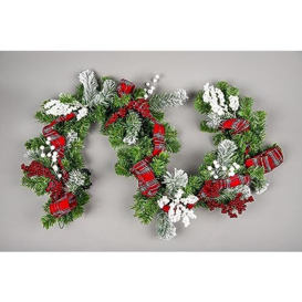 Prelit Battery Operated Christmas Garland 2M Decorated with Tartan Ribbons, Berries, Froste Tips - Fireplace Door Room Wall Home Hanging Xmas Decorations