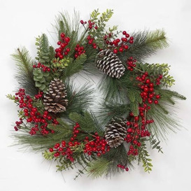 60cm Christmas Wreath Decorated with Red Berries, Eucalyptus Leaves, Pine Cones, Grapevine - Front Door Room Wall Home Hanging Xmas Decorations