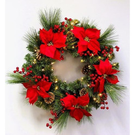 Prelit Battery Operated Christmas Wreath 60cm Decorated with Red Poinsettias, Berries, Pine Cones - Front Door Room Wall Home Hanging Xmas Decorations