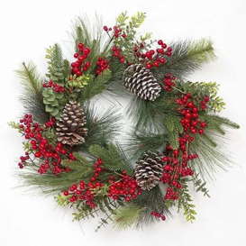 Prelit Battery Operated Christmas Wreath 60cm Decorated with Red Berries, Pine Cones, Mixes Pine Tips - Front Door Room Wall Home Hanging Xmas Decorations