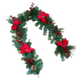 Prelit Battery Operated Christmas Garland 2M Decorated with Red Poinsettias, Berries, Pine Cones - Fireplace Door Room Wall Home Hanging Xmas Decorations
