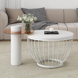ModernLuxe 2-in-1 Coffee Table, Round Nest of Tables, Multi-functional Side Table with Metal Frame Legs and Tempered Glass, Nesting Tables for Living Room Bedroom Home Office, Brown and White