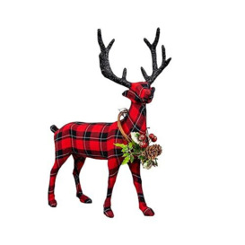 SHATCHI 35cm Tall Tartan Reindeer Figurine-Free Standing Stag Chrismas Statue Xmas Ornaments for Fireplace Windowsill Bedroom Shelf Living Room Office Holiday Party Decorations, Fabric, Red & Black