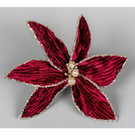 SHATCHI 16cm Deluxe Christmas Glitter Poinsettia Burgundy Gold Velvet Artificial Flower with Metal Clip Christmas Tree Decorations Wedding New Year Ornaments