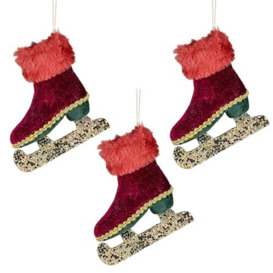 3Pcs Burgundy Mini Ice Skate Boots 11x12cm - Christmas Hanging Decorations Festive Decorative Ornaments Fairy Tale Themed Xmas Tree Pendant