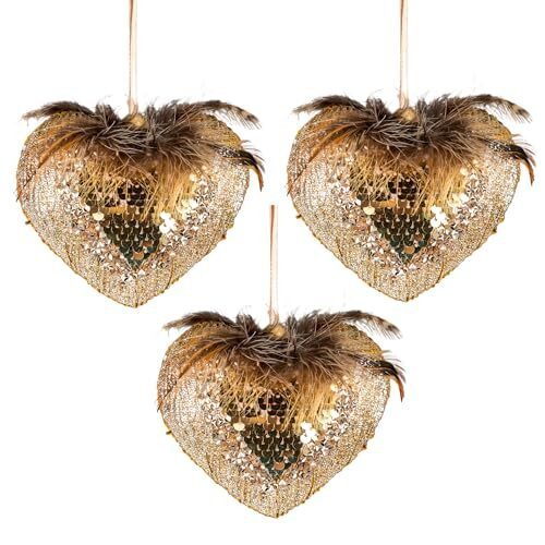 3Pcs Gold Sequin Heart 10cm - Christmas Tree Hanging Decorations Festive Decorative Ornaments Fairy Tale Themed Xmas Tree Pendant