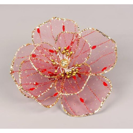 SHATCHI 6Pcs -16cm Deluxe Christmas Glitter Poinsettia Red Gold Net Artificial Flowers with Metal Clips Christmas Tree Decorations Wedding New Year Ornaments