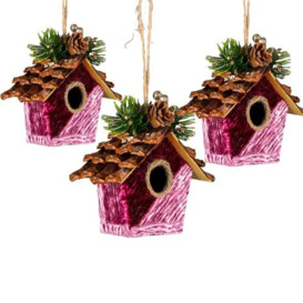 3Pcs Pink Burgundy Birdhouse 10x11cm - Christmas Tree Hanging Decorations Festive Decorative Ornaments Fairy Tale Themed Xmas Tree Pendant