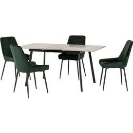 Seconique Avery Extending Dining Set with 4 Chairs in Concrete/Emerald Green Velvet