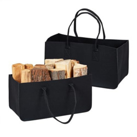Relaxdays Set of 2 Firewood Bags, Felt, 28L, Foldable Storage Basket for Logs, 25 x 50 x 25 cm, Black, 100%, 25x50x25cm