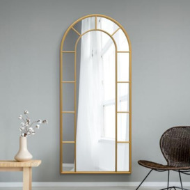 "MirrorOutlet The Arcus - Gold Framed Modern Full Length Arched Leaner/Wall Mirror 75"" X 33"" (190CM X 85CM) Silver Mirror Glass with Black All weather Backing."