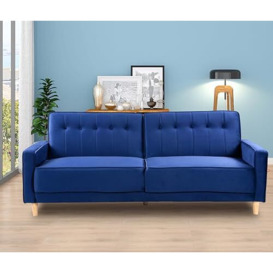 Velvet 3 Seater Sofa Bed (Clic-Clac), Sleep Factory's Aajrah Plush Velvet Upholstered with Wooden Legs and button panelled detailing - Blue