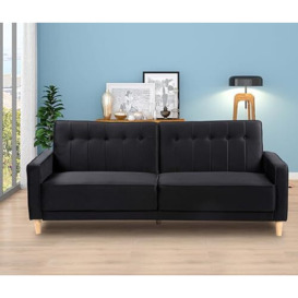 Velvet 3 Seater Sofa Bed (Clic-Clac), Sleep Factory's Aajrah Plush Velvet Upholstered with Wooden Legs and button panelled detailing - Black