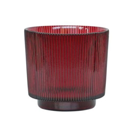 Ivyline Round Candle Holder in Burgundy Glass with Ribbed Design - Elegant Table Centrepiece - Modern Home Decoration - H14 x W15 cm
