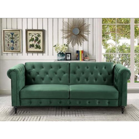 Velvet 3 Seater Sofa Bed Vintage Style, Sleep Factory's Chesterfield Bed Sofa Green Plush Velvet Fabric with Buttoned Back Upholstery - 218cm x 87cm x 86cm