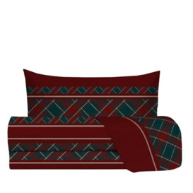zer0bed, Tartan Single Bed Sheet Set, Single Bed Set, Made in Italy, 100% Cotton, Burgundy Green, Top Sheet, Fitted Sheet, Pillowcase