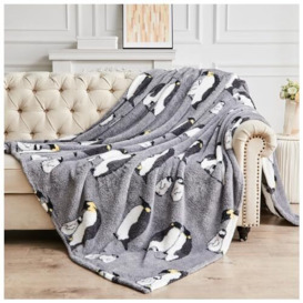 GC GAVENO CAVAILIA Teddy Penguin Throw Blanket For Bed, Sofa - Soft, Fluffy, Cosy, Snuggle Blankets and Sofa Throw - Sherpa Fleece Blanket Double 130 x 180 Cm - Grey
