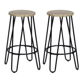 FurniutreR Set of 2pcs Industrial Style Barstools with Metal Frame for Living Room Pub Breakfast Kitchen, Round white wood seat Bar Chairs with Footrest,Light wood