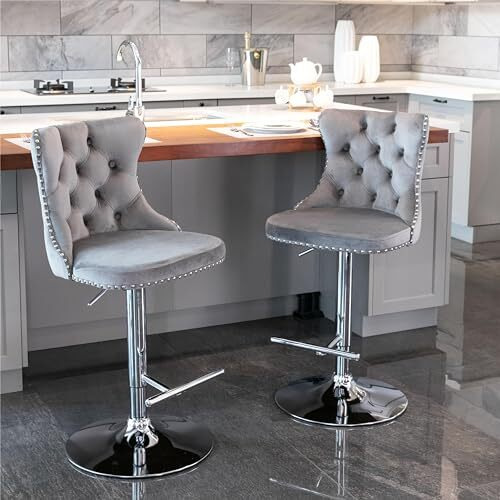 Merax Swivel Velvet Bar Stools Set of 2 - Breakfast Bar Stools with Upholstered Chrome Base Button Tufted Back Steel Footrest - Adjustable Seat Height - Grey