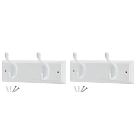 keypak 2-Hook Door Wall Mounted Coat Rack, 22.5cm - White Wooden Board, White Coat Hooks - Fixings Included (Pack of 2)