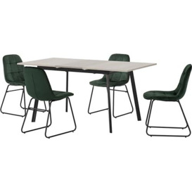 Seconique Extending Dining Set, Engineered Wood, Concrete/Grey Oak Effect/Black/Emerald Green Velvet, W 1200-1600mm x D 800mm x H 760mm