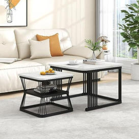 ModernLuxe 2-in-1 Coffee Table, Square Nest of Tables, Multi-functional Side Table with Black Metal Frame Legs and Marble Pattern White Top, Nesting Tables for Living Room Bedroom