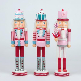 SHATCHI 38cm Pink Candy Cane Wooden Christmas Nutcrackers - 3pcs Set - Soldiers King Puppet Figurines Xmas Home Decoration Ornament