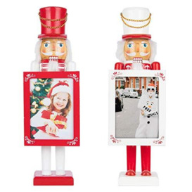 SHATCHI 38cm Red/White Wooden Christmas Nutcrackers Personalise Photo Frame - 2pcs Set - Soldiers King Puppet Figurines Xmas Home Decoration Ornament