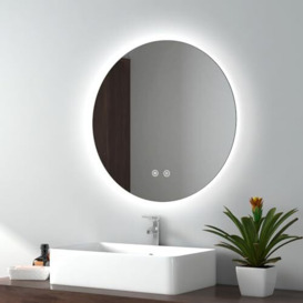 EMKE Round Bathroom Mirror with Led Lights, 600mm Wall Mounted Vanity Mirror with Touch, Demister and Memory Dimmable, Illuminated Bathroom Mirror with Cool White Light