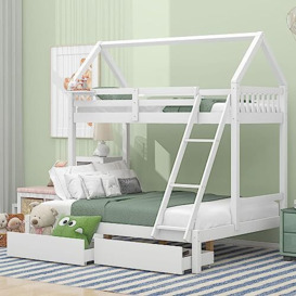 Merax Triple Ladder, Multi-Functional Toddler Storage Drawers and Shelf, Solid Pine Wood Children's Bunk Frame, Loft Bed for Kids, White, 90x190cm, 135x190cm