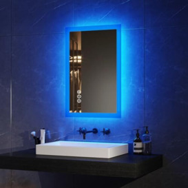 EMKE Bluetooth Bathroom Mirror with Shaver Socket, 400 x 600 mm Blue Atmosphere Illuminated Bathroom Mirror with 3 Color Tone, Dimmable, Memory Function, Demister Wall Mounted Bathroom Vanity Mirror