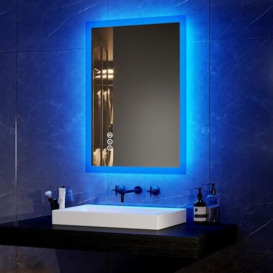 EMKE Blue Atmosphere Illuminated Bathroom Mirror with Shaver Socket, 500x700mm Bathroom Led Mirror with Bluetooth Speaker, 3 Color Tone, Memory Dimmable and Anti Fog, Horizontal/Vertical