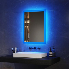 EMKE Blue Atmosphere Illuminated Bathroom Mirror with Shaver Socket, 450x600mm Bathroom Led Mirror with Bluetooth Speaker, 3 Color Tone, Memory Dimmable and Anti Fog, Horizontal/Vertical