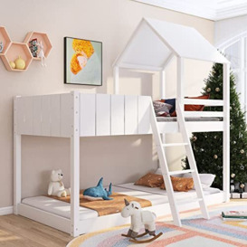 Merax 3FT Bunk Bed for Kids - Treehouse Toddler Bed With Ladder and Guard Rail - Solid Wood Cabin Bed Frame - Twin Sleeper Kids Bed Loft Bed - 90x190cm White