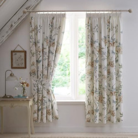 Dreams & Drapes - Garden Flowers & Birds Curtains - 66 x 72 (168 x 183cm) - Sage Green Floral Pencil Pleat Curtains - Vintage Flower Curtains - Amelle Collection