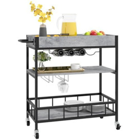 HOMCOM Kitchen Trolley, 3-Tier Bar Cart, Industrial Kitchen Cart with Removable Tray, Wine Racks, Glass Holders and Casters, Kitchen Island on Wheels, Faux Marbled Grey
